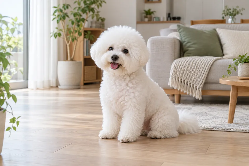 明るい室内で落ち着いて座る白いビション・フリーゼ