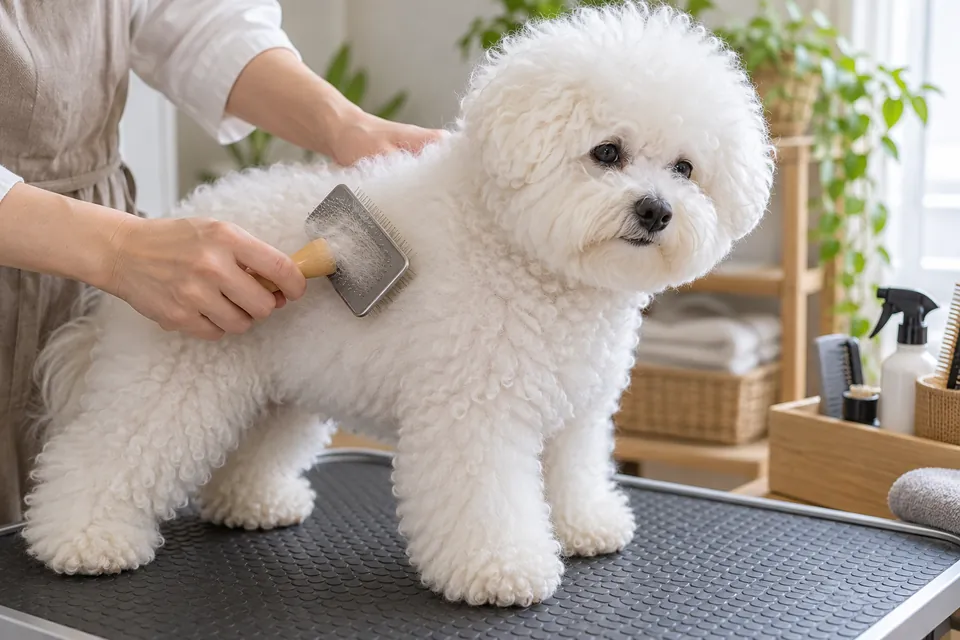 滑りにくいマットの上でビション・フリーゼをやさしくブラッシングする飼い主
