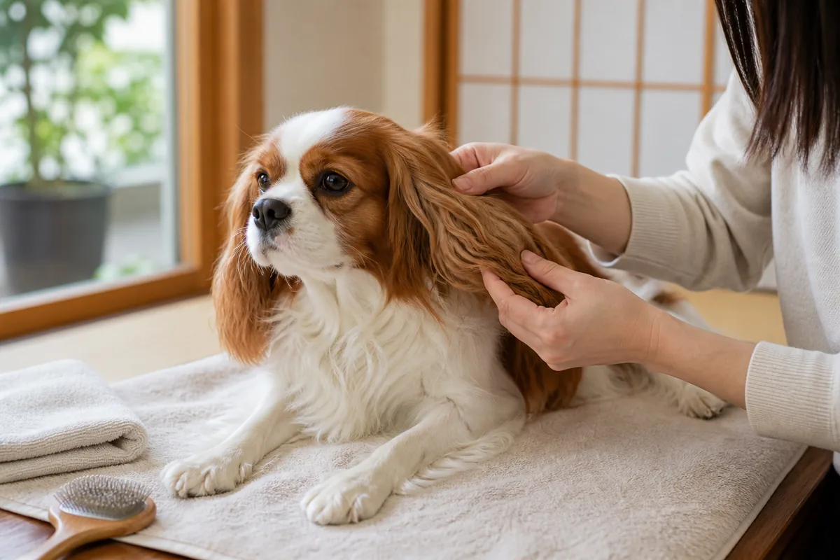 飼い主が落ち着いたキャバリアの垂れ耳を外側から確認している室内