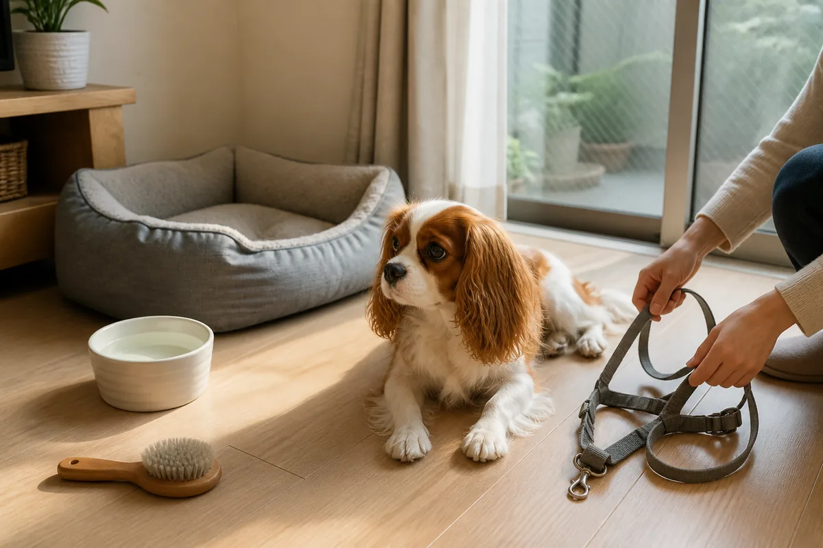 犬用ベッドと水皿を整えた室内でリードを確認するキャバリアの家庭環境