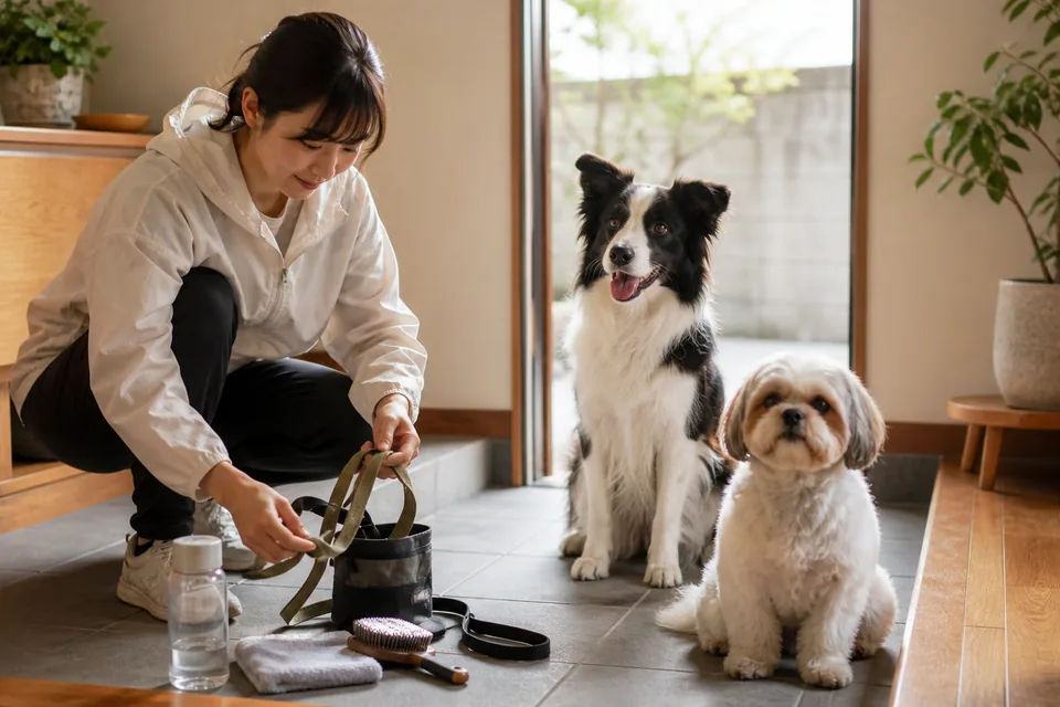 散歩前にリードや水、ブラシを準備する飼い主と2匹の犬