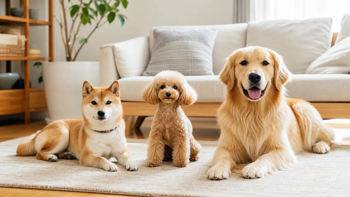 リビングで大きさの異なる柴犬、トイプードル、ゴールデンレトリバーが並ぶ様子