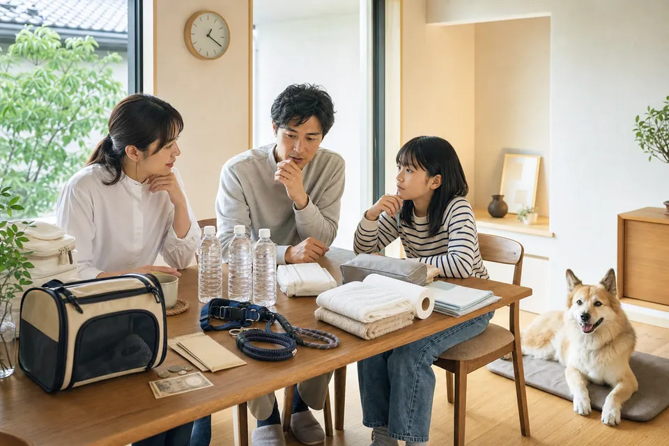 家族が犬を迎える前に用品と生活条件を話し合っている室内