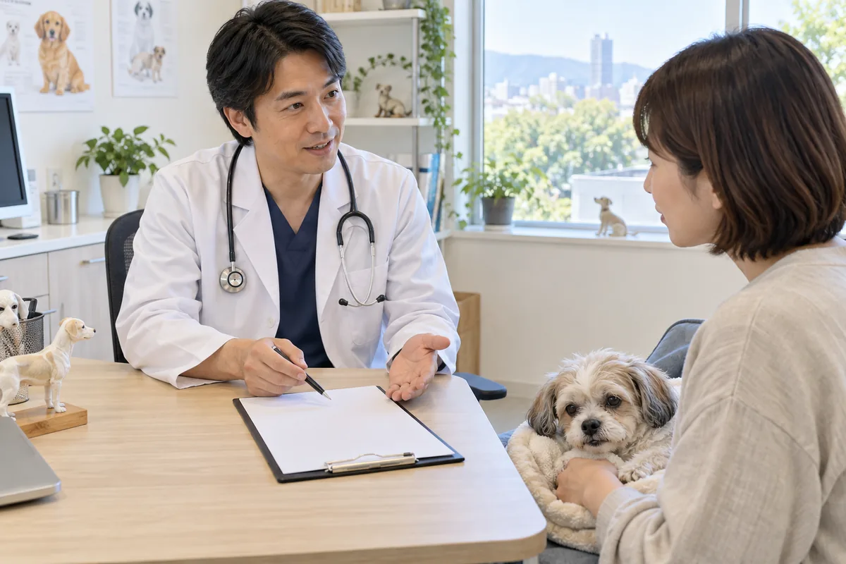 獣医師が犬の飼い主に手術費用の見積もりを説明している様子