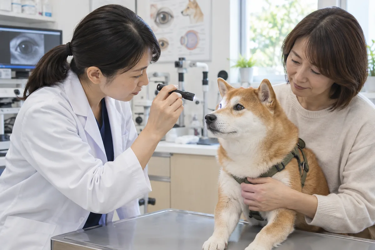 動物病院で獣医師が柴犬の目を診察し、飼い主がそばで見守る様子