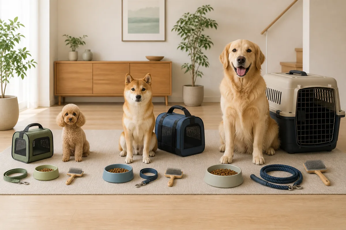 小型犬・中型犬・大型犬と体格に合う食器やキャリーを比べた室内