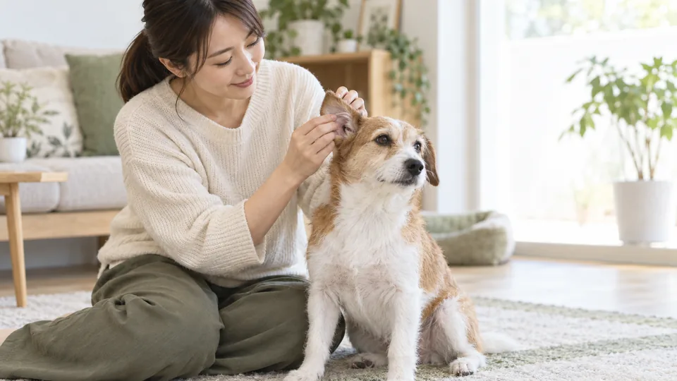 犬の耳の外側を飼い主が落ち着いて確認している明るい室内