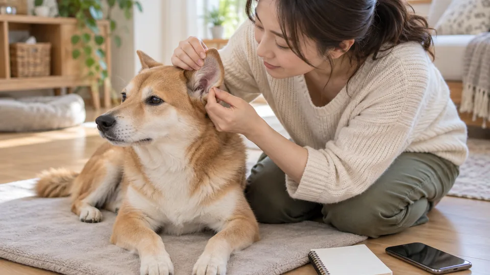 犬の耳の外側の赤みや汚れを飼い主が明るい場所で観察している様子