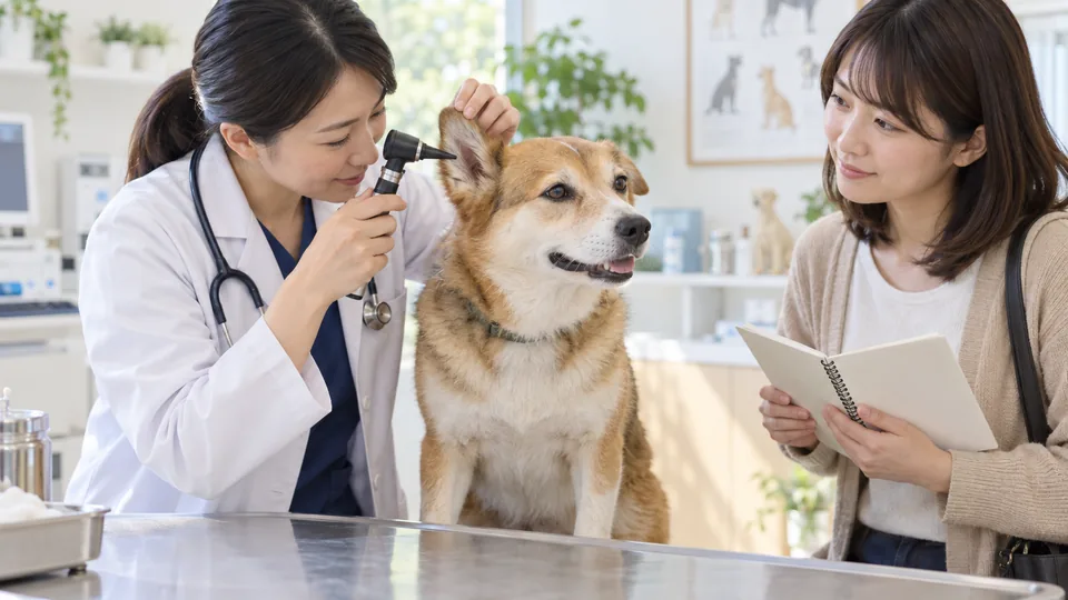 動物病院で獣医師が犬の耳を診察し飼い主が症状の記録を見せている様子