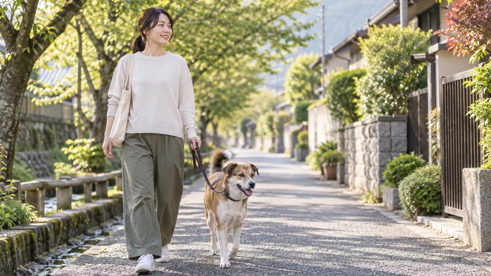 朝の住宅街を飼い主と歩く健康な犬の様子