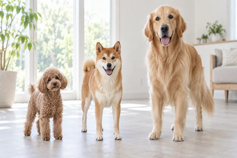 小型犬・中型犬・大型犬を体格の違いが分かるように並べた室内の様子