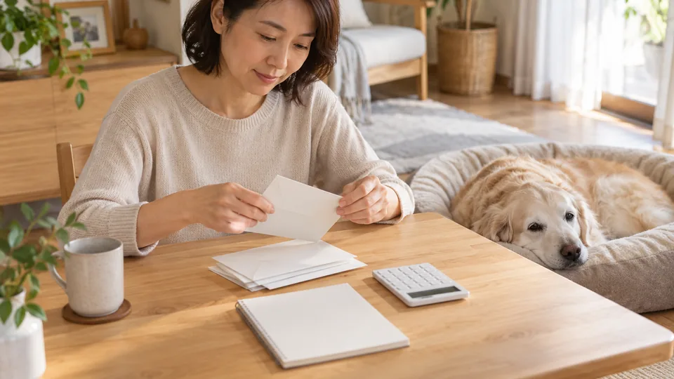 飼い主が愛犬の医療費に備えて家計を整理している様子