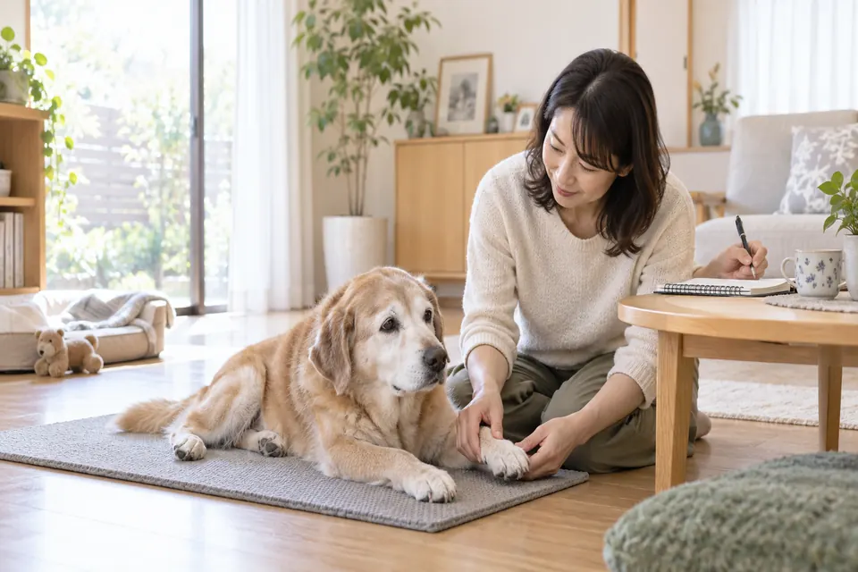 明るい室内で飼い主がシニア犬の足先と姿勢をやさしく確認している様子