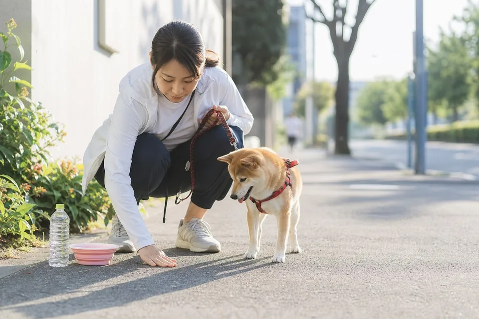 夏の散歩前に犬の足元と路面温度を確認する飼い主