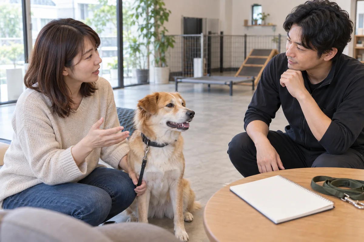 犬の飼い主がトレーナーと犬の様子を見ながら初回相談をしている様子