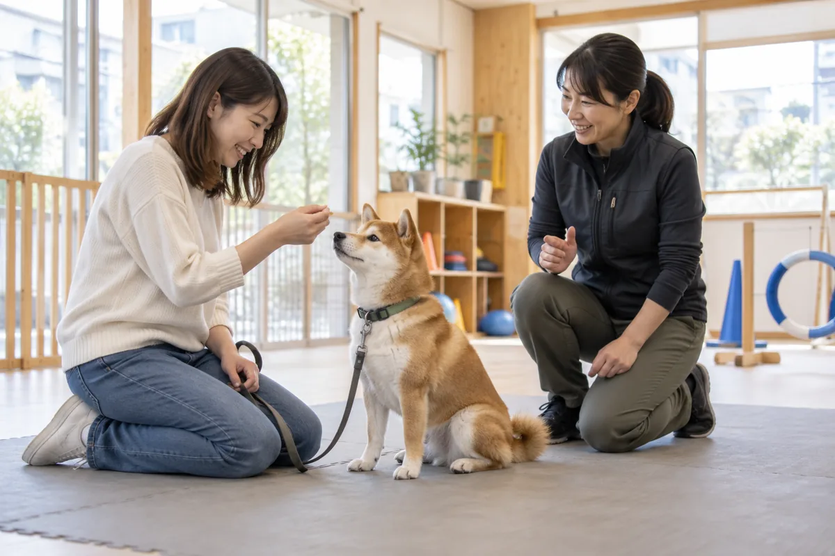 明るい教室で飼い主がトレーナーと犬の練習をしている様子