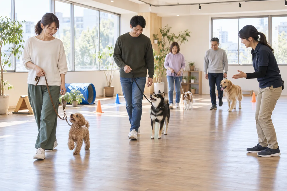 明るい室内で複数の飼い主と犬がトレーナーの指導を受けている様子