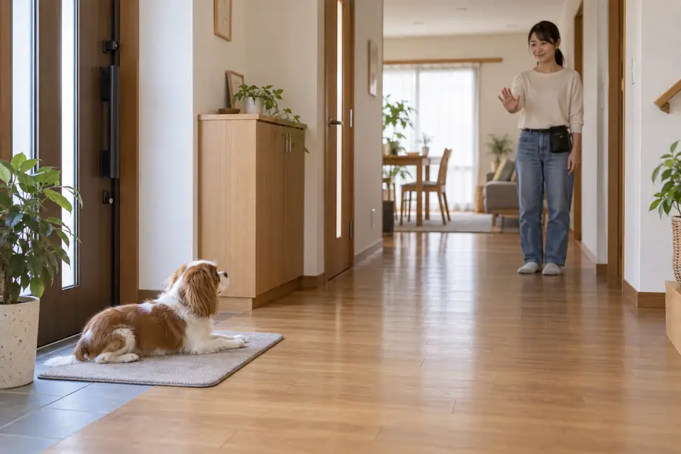室内のマットで犬が待ち飼い主が距離を取って練習している