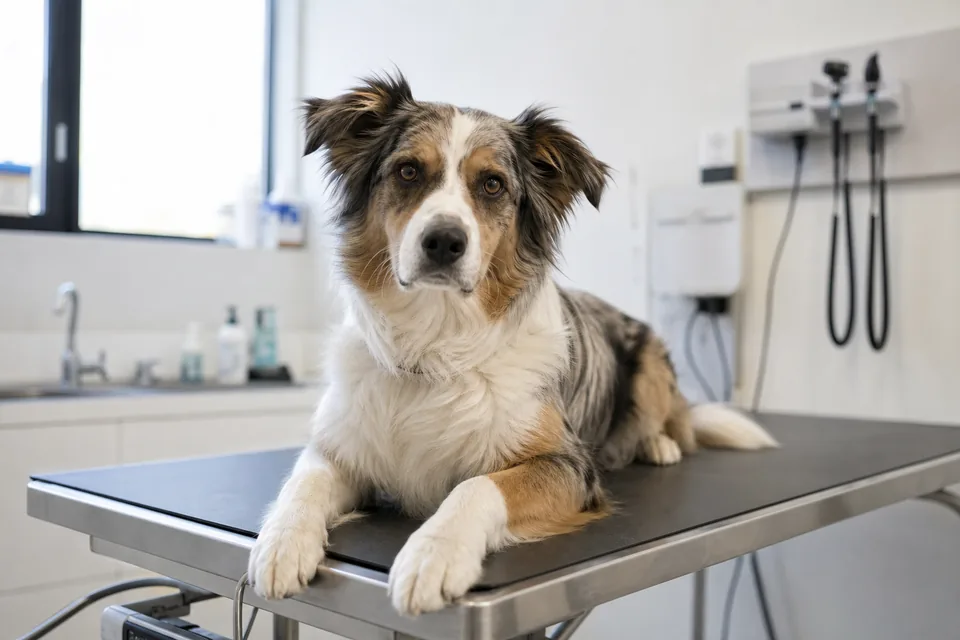 動物病院で予防接種と登録手続きを確認する犬