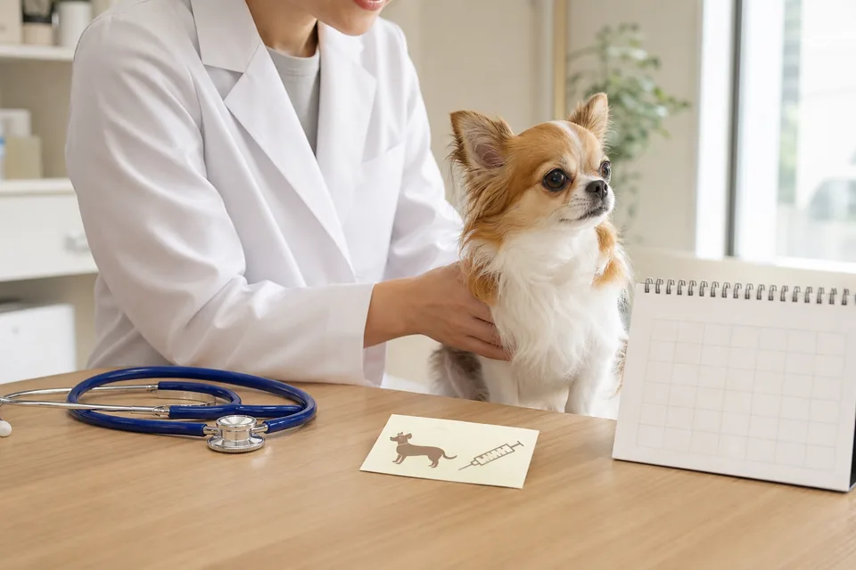 犬の予防接種予定を確認する動物病院の診察室と母子手帳風ノート