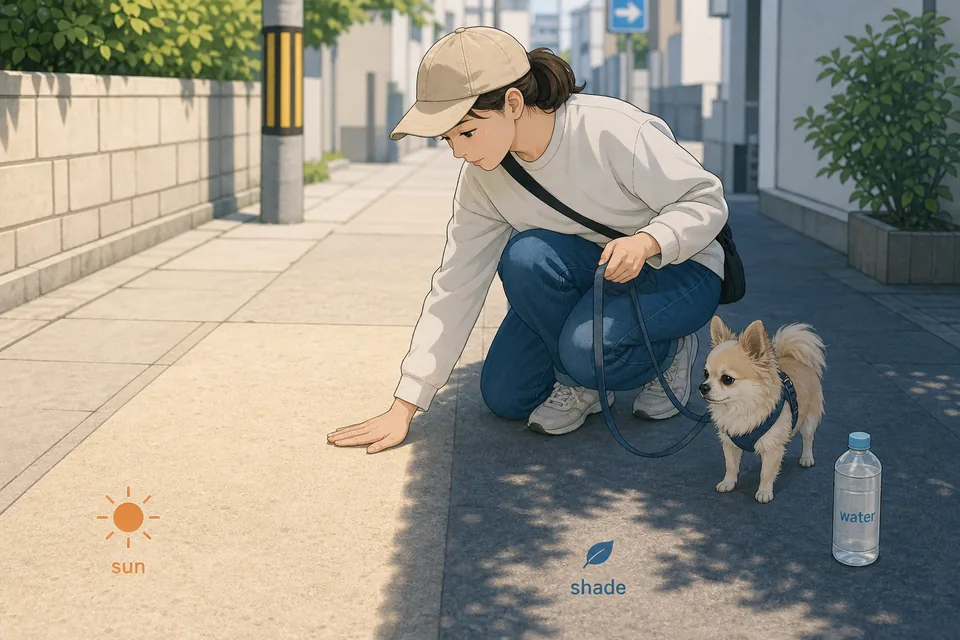 犬の散歩前に飼い主が路面温度を手で確認しているイラスト