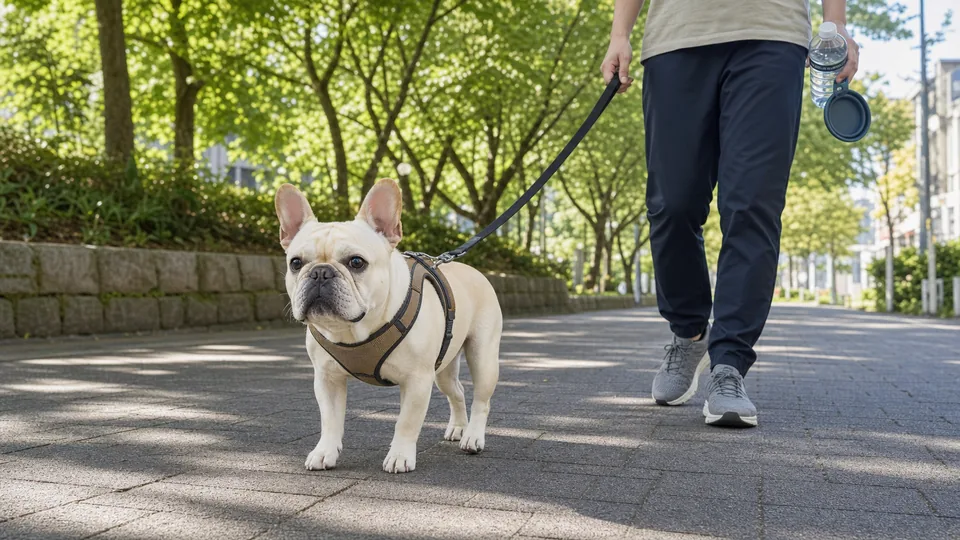 木陰の道を幅広いハーネスでゆっくり歩くフレンチブルドッグ