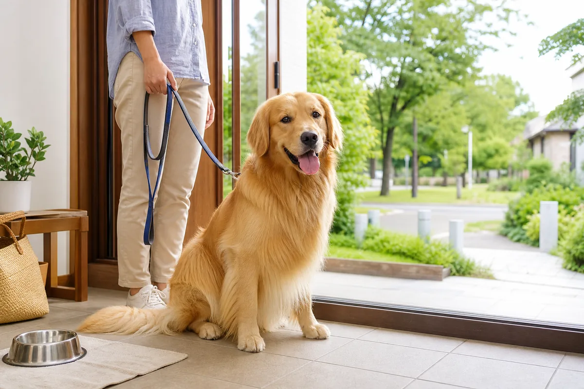 日本の明るい玄関で飼い主と散歩の準備をするゴールデンレトリーバー