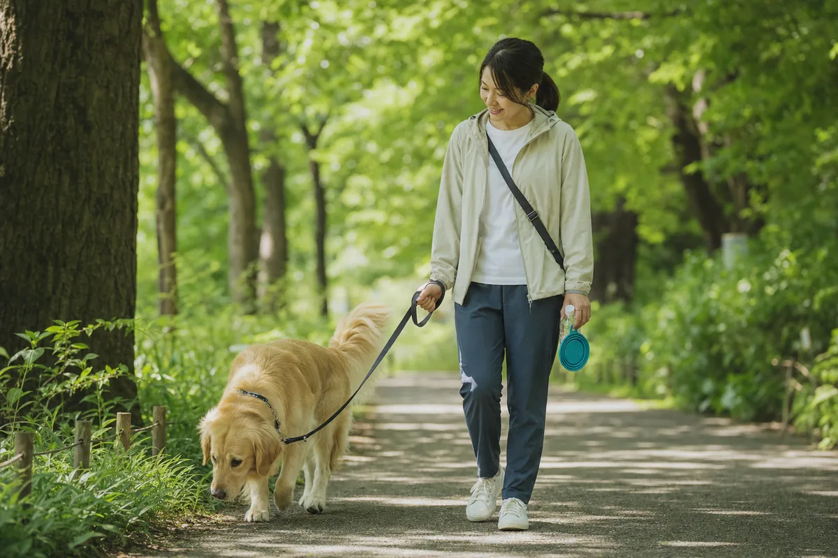 木陰の道を飼い主とゆっくり歩き、においを嗅ぐゴールデンレトリーバー