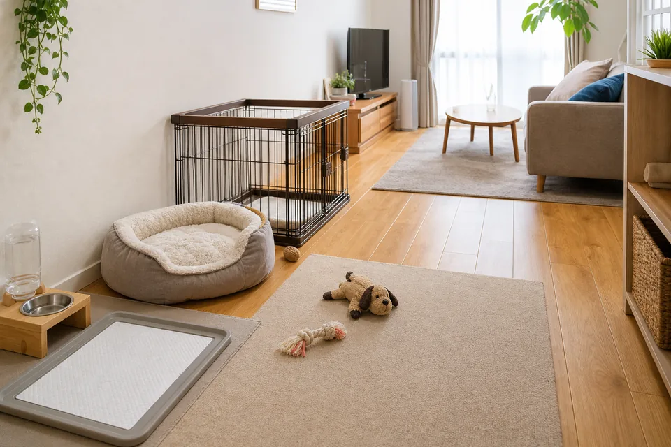 室内犬のために寝床、トイレ、ケージを分けて整えた部屋