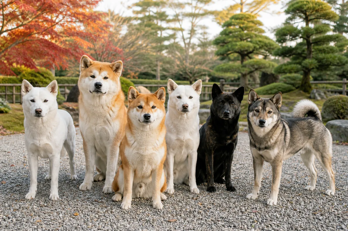 日本庭園で並ぶ柴犬、秋田犬、北海道犬、甲斐犬、紀州犬、四国犬