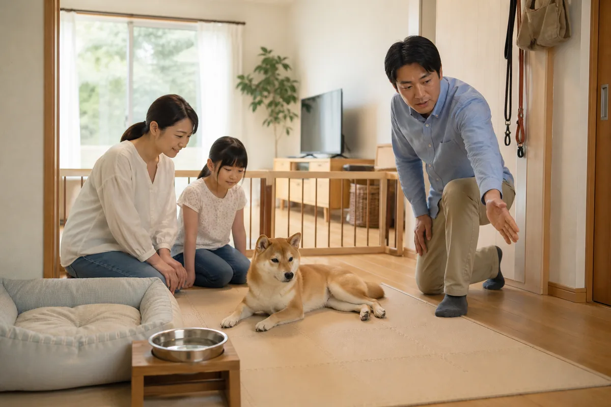 滑りにくい床とゲートを整えた日本の家庭で休む柴犬