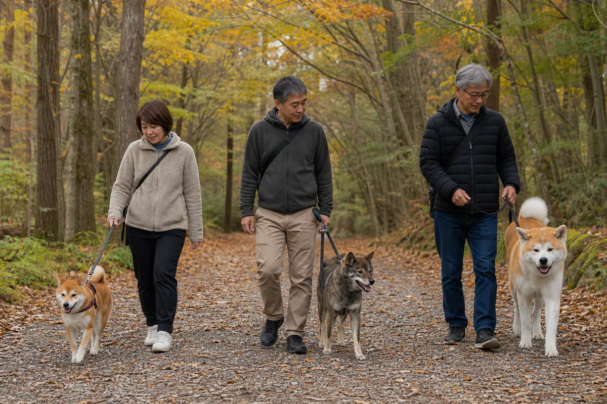 森の道を飼い主と歩く柴犬、四国犬、秋田犬