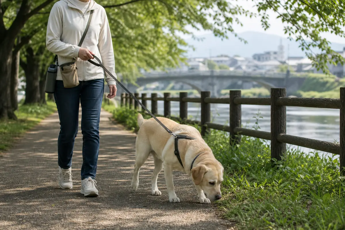 木陰の道でにおいを嗅ぎながら飼い主と歩くラブラドールレトリーバー