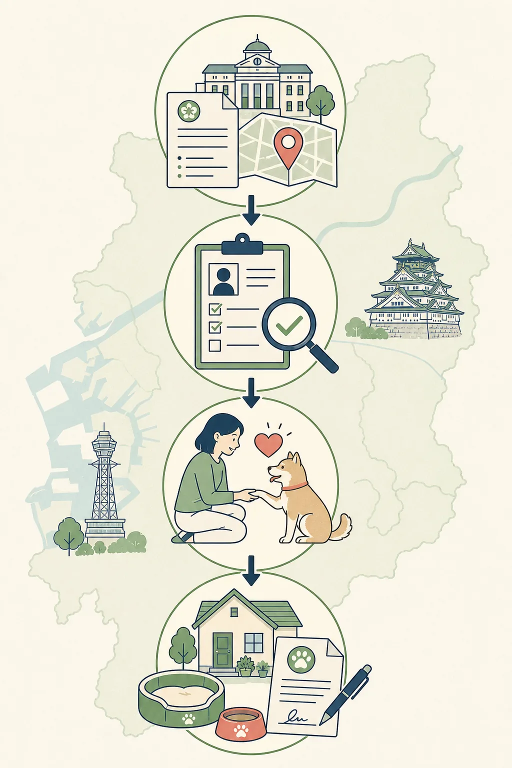 大阪で保護犬の里親情報を公式入口から申込みと対面へ進める流れのイラスト