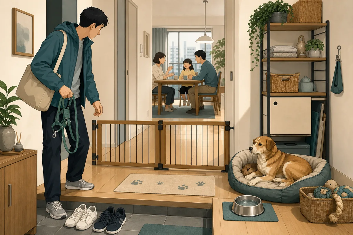 保護犬を迎える前に玄関の脱走防止ゲートと寝床を整える家庭
