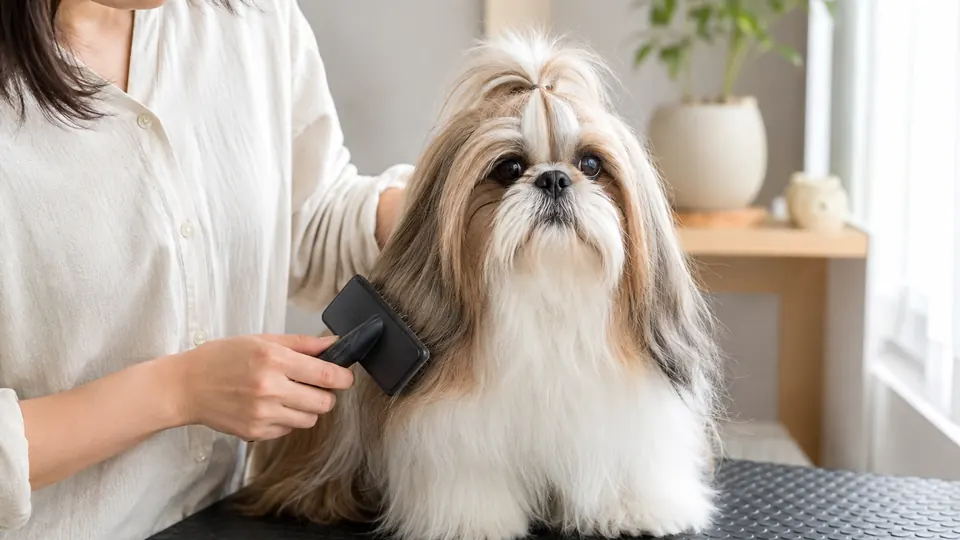 自宅の滑りにくいマットでシーズーをブラッシングする飼い主